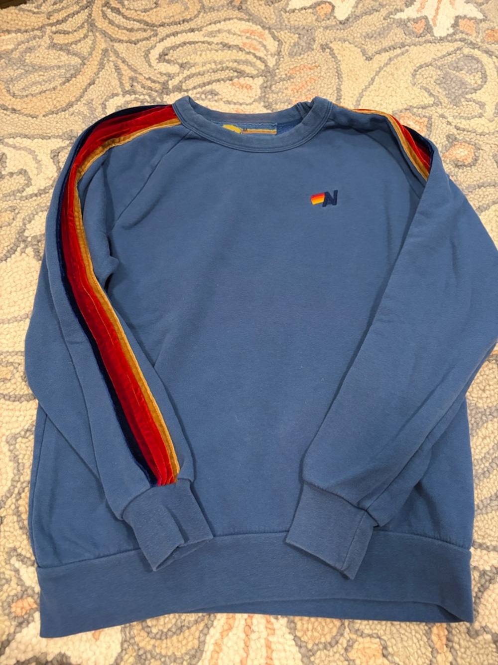 Aviator Nation Blue Crewneck Sweatshirt with Red, Orange & Gold Shoulder Stripes